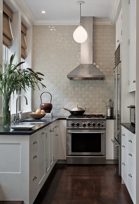 una cucina bianca a forma di U con ripiani neri, un backsplash di piastrelle neutre e un po 'di verde è un piccolo spazio accogliente