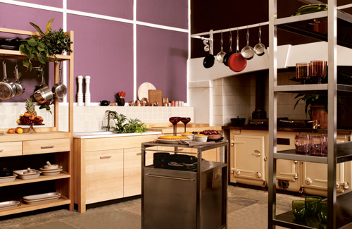una cucina viola e neutra con armadi chiari, elettrodomestici in acciaio inossidabile e molto verde è molto chic e cool