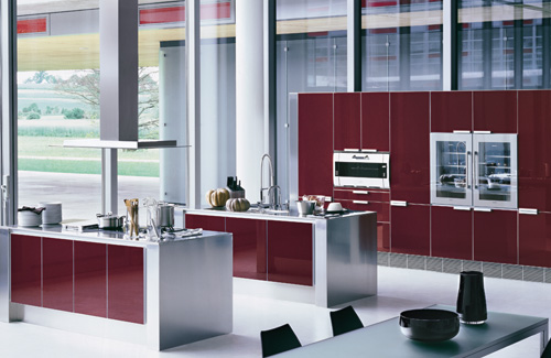 una cucina contemporanea di colore rosso intenso, bianco e acciaio inossidabile con pannelli eleganti e una parete vetrata è uno spazio molto chic