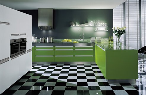 una cucina contemporanea con pavimento piastrellato in bianco e nero, armadi verdi audaci, un'unità di archiviazione bianca ed elettrodomestici in acciaio inossidabile è wow