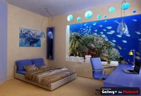 un acquario che occupa un'intera parete è un'idea elegante per una camera da letto contemporanea e ti ispirerà e ti rilasserà