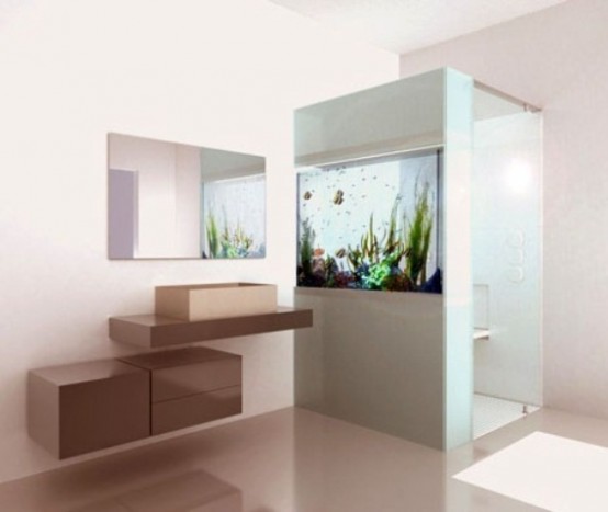 un piccolo acquario integrato nella parete della doccia ti darà la sensazione di nuotare nel mare