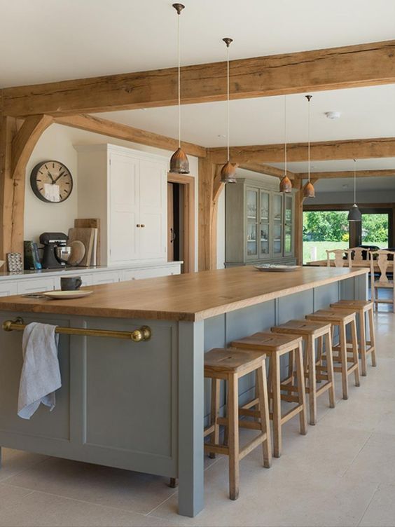 una moderna cucina rustica con ante bianche e isola blu, travi e sgabelli in legno, lampade a sospensione per un effetto accattivante