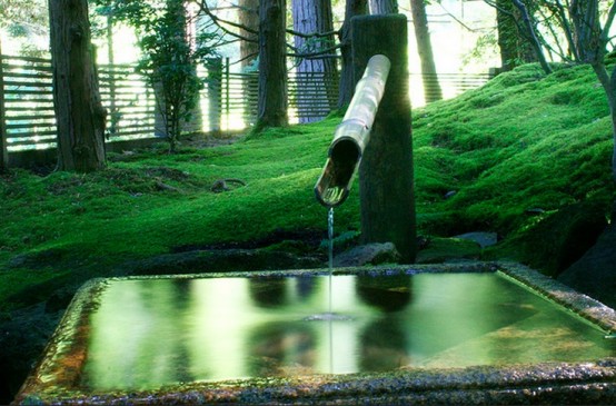 erba e una grande fontana quadrata in pietra tradizionale per il Giappone costituiranno un giardino giapponese fresco e rilassato