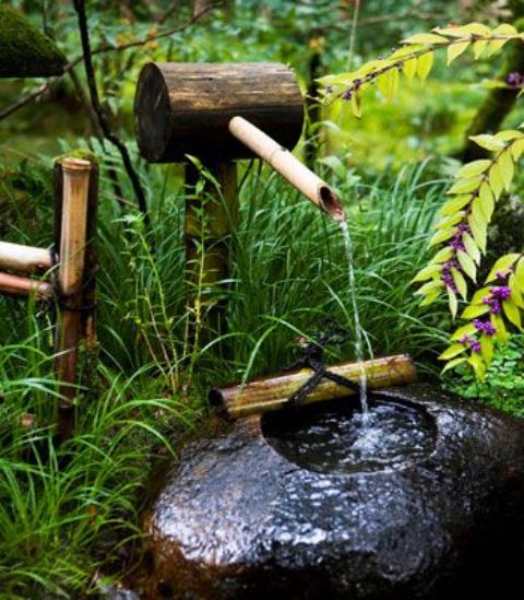 erbe, piante in fiore, una fontana di bambù e pietra compongono un cortile giapponese chic e alla moda