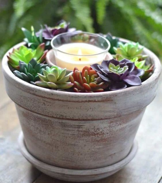 una semplice decorazione o centrotavola di una fioriera imbiancata con piante grasse e una candela al centro