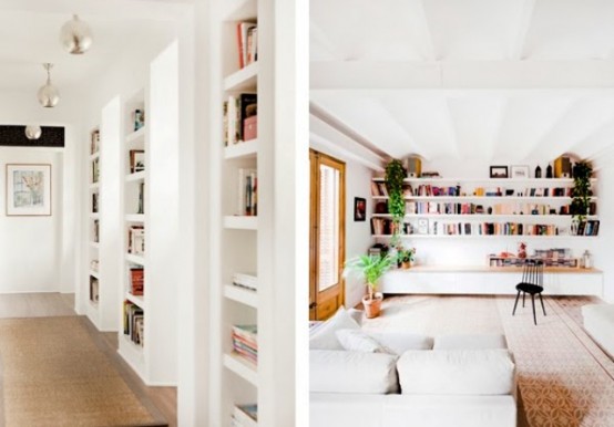 un corridoio con librerie componibili è ottimo per riporre libri e una parete del soggiorno con lunghi ripiani per risparmiare spazio