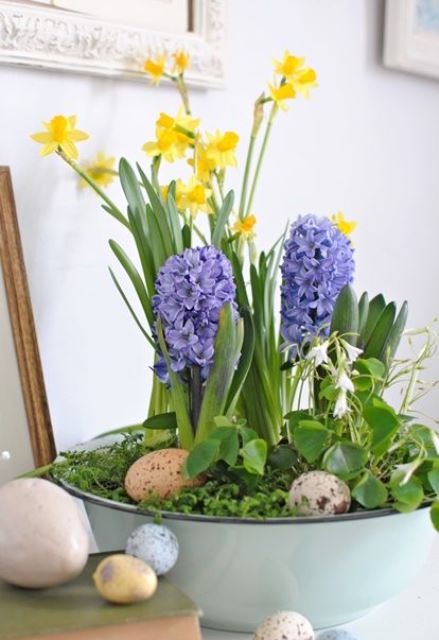 una vasca da bagno blu con vegetazione, uova finte e giacinti viola e narcisi gialli per una deliziosa atmosfera primaverile rustica