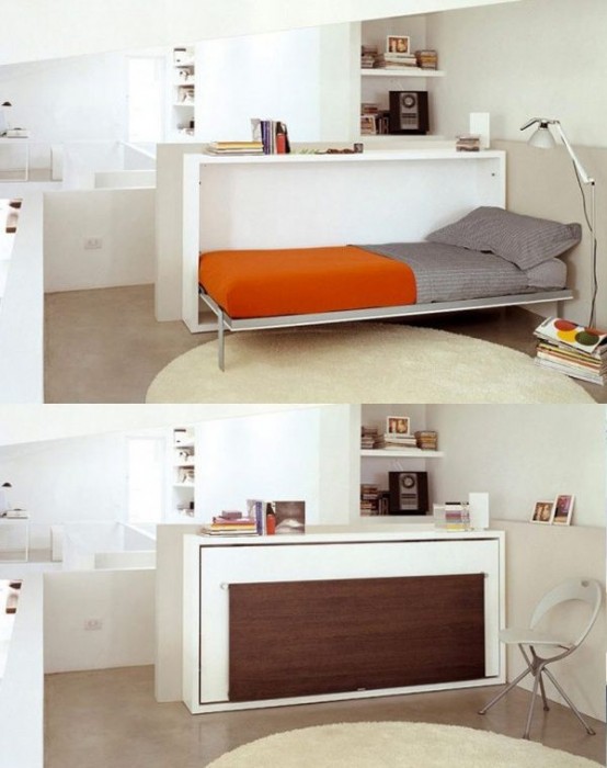 un letto Murphy integrato in una scrivania è un'ottima idea per nascondere un letto quando non è necessario e avere una scrivania comoda allo stesso tempo