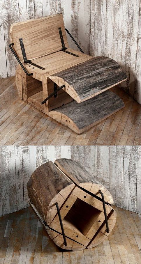 un lettino creativo di pezzi di legno che possono essere piegati in un tronco d'albero è un bel pezzo per uno spazio rustico