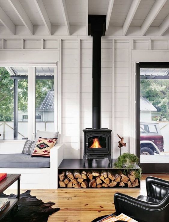 una stufa a legna nera con legnaia sottostante in un soggiorno moderno ed elegante