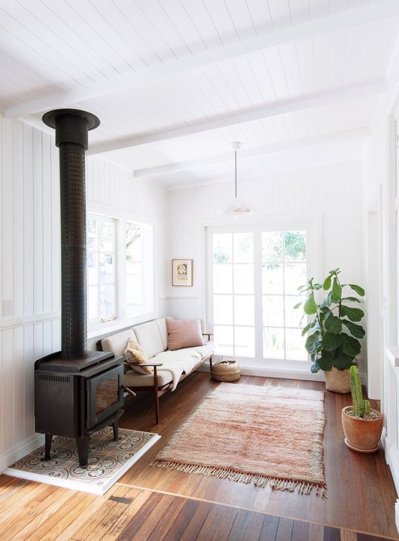 uno spazio neutro e accogliente con mobili accoglienti, un tappeto con frange, piante in vaso e un'antica stufa per l'arredamento