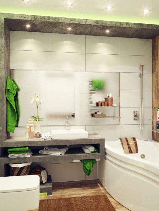 un luminoso bagno contemporaneo fatto con piastrelle bianche e cemento, un pavimento in piastrelle di legno, una vasca e luci incorporate