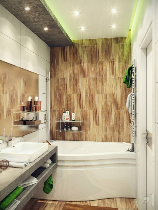 un bagno contemporaneo fatto con piastrelle come il legno, cemento, una vasca da bagno scultorea e luci incorporate