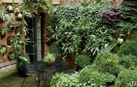 un piccolo giardino in una casa a schiera con piante in vaso e piante, un giardino a muro e un set da pranzo in metallo e vetro