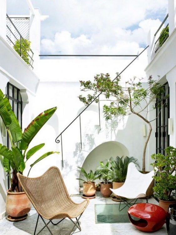 un piccolo patio tropicale con molte piante in vaso, una sedia a farfalla bianca e di vimini e tutte le pareti bianche intorno