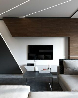 un audace soggiorno minimalista con legno tinto scuro, tocchi geometrici, un divano componibile e luci integrate per un'atmosfera futuristica