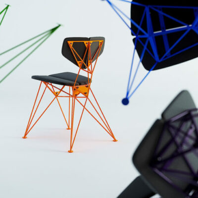 Le sedie sono caratterizzate da colori audaci e al neon e una fantastica base geometrica in tonalità al neon